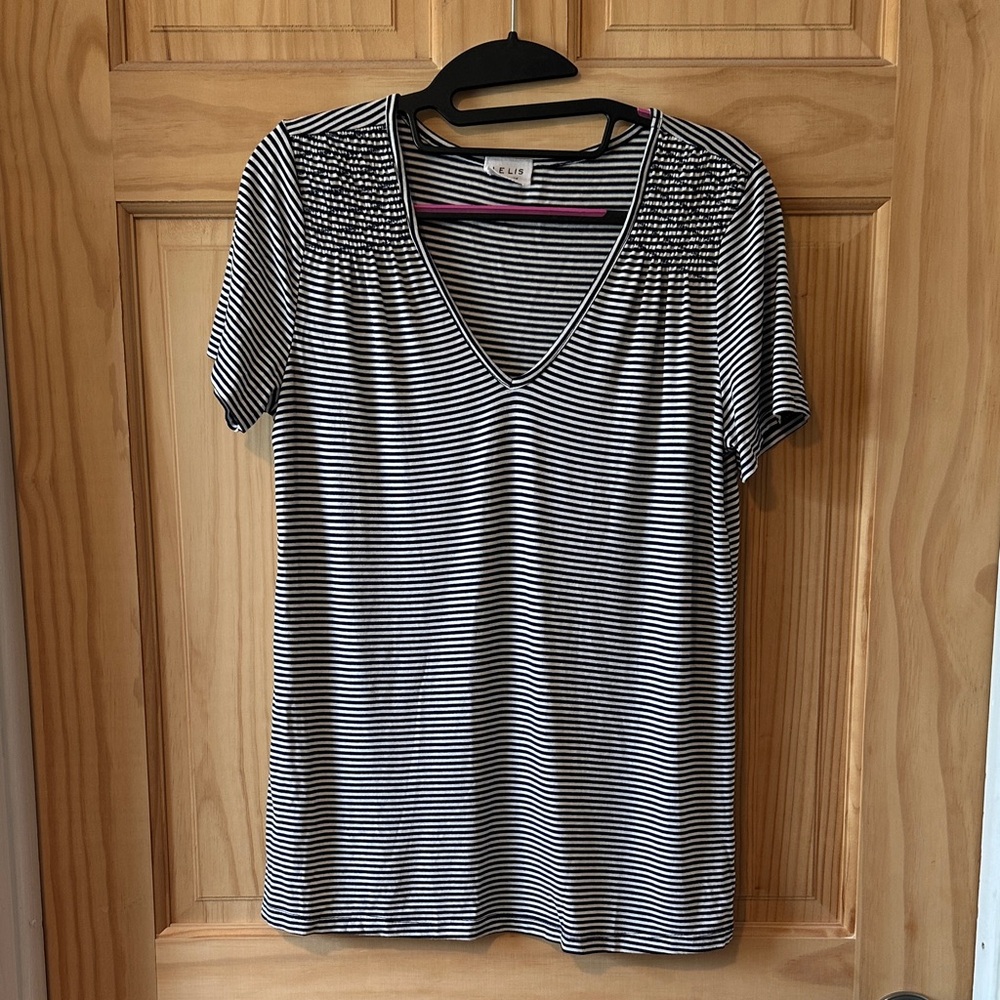 Le Lis Navy and White Striped V-Neck Tee